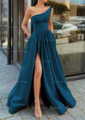 A Line One Shoulder Sleeveless Long Floor Length Satin Prom Dress Outfits For Women With Ruffles Split