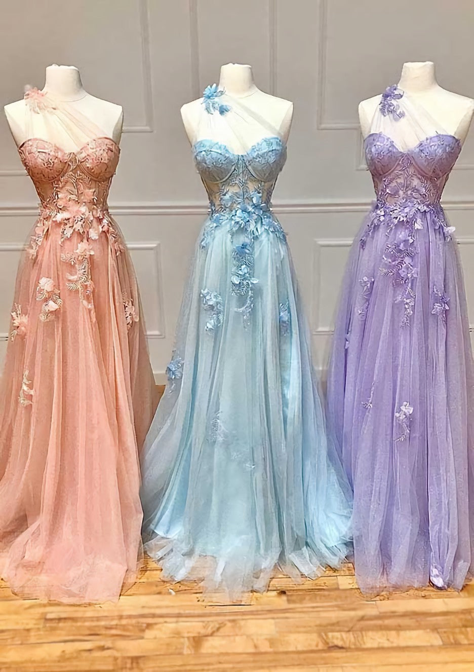 A Line One Shoulder Sleeveless Long Floor Length Tulle Prom Dress Outfits For Women With Appliqued Split