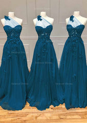A Line One Shoulder Sleeveless Long Floor Length Tulle Prom Dress Outfits For Women With Appliqued Split