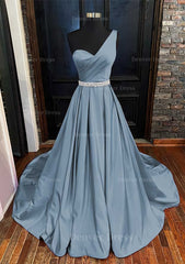 A Line One Shoulder Sleeveless Satin Long Floor Length Prom Dress Outfits For Women With Beading Pleated