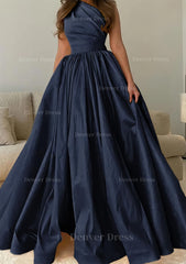 A Line One Shoulder Sleeveless Sweep Train Satin Prom Dress Outfits For Women With Pleated