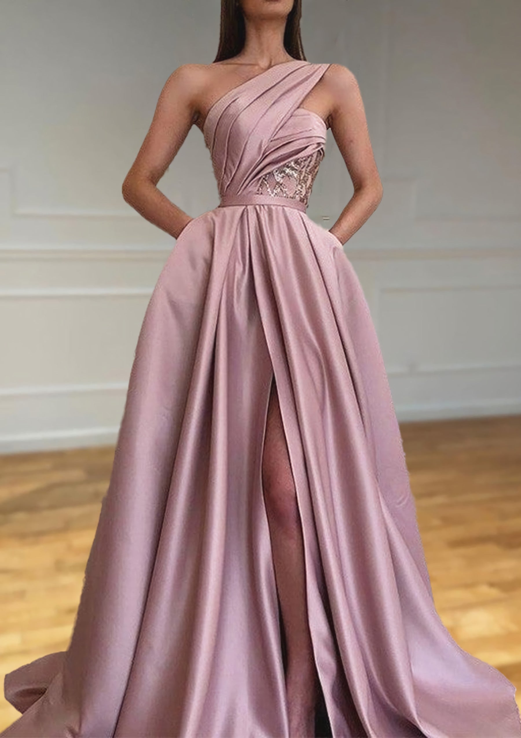 A Line One Shoulder Sleeveless Sweep Train Satin Prom Dresses For Black girls With Split Pleated