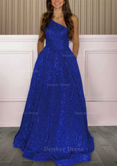 A Line One Shoulder Sleeveless Sweep Train Sequined Prom Dress Outfits For Women With Pockets