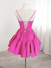 A-Line Pink Satin Short Prom Dress Outfits For Girls, Backless Cute Pink Homecoming Dress