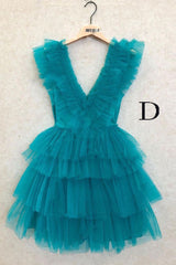 A Line Pink V Neck Tiered Homecoming Dress Outfits For Girls,Tulle Short Prom Party Dresses