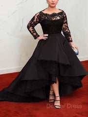 A-Line Bateau Asymmetrical Satin Prom Dresses For Black girls With Appliques Lace