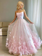 A-Line Bateau Floor-Length Tulle Prom Dresses For Black girls With Flower