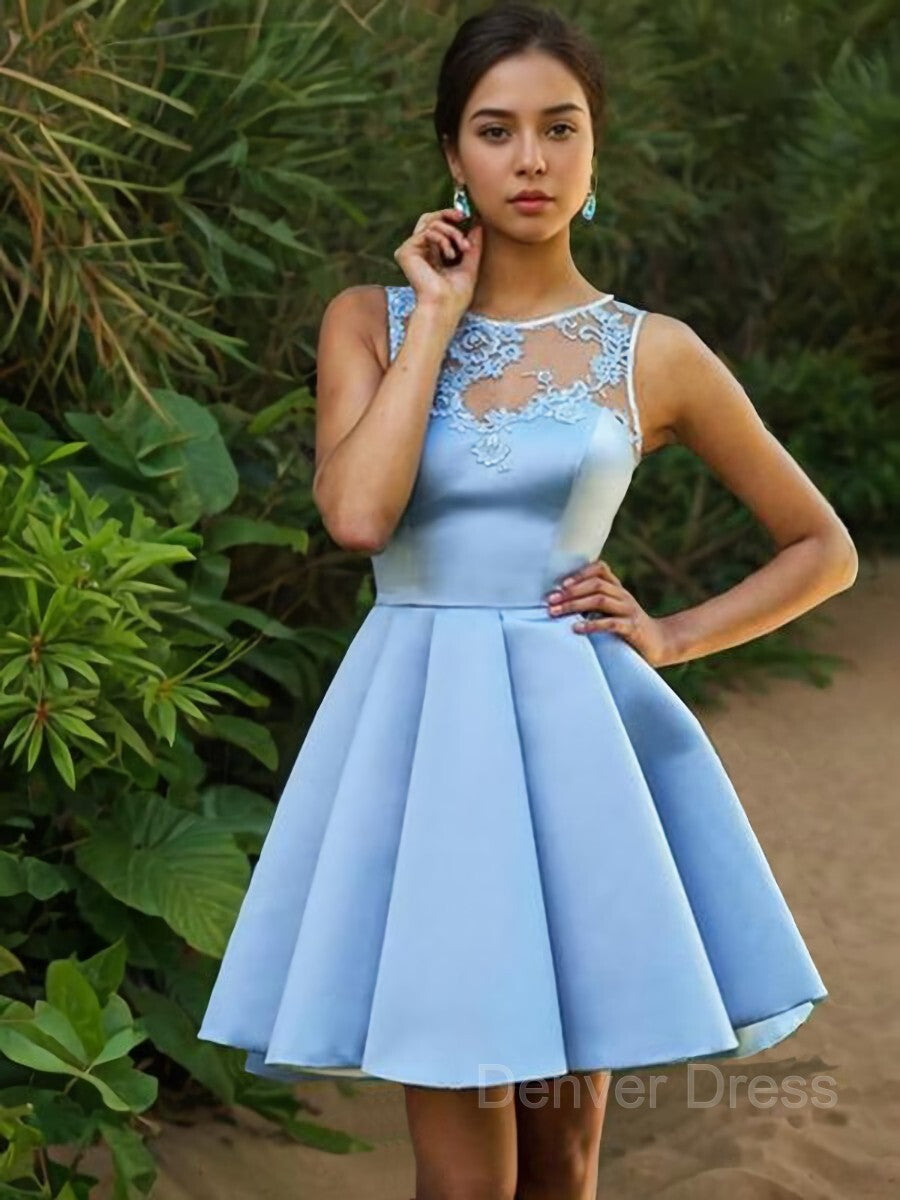 A-Line Bateau Short Satin Homecoming Dresses For Black girls With Appliques Lace