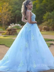 A-Line Bateau Sweep Train Tulle Prom Dresses For Black girls With Appliques Lace