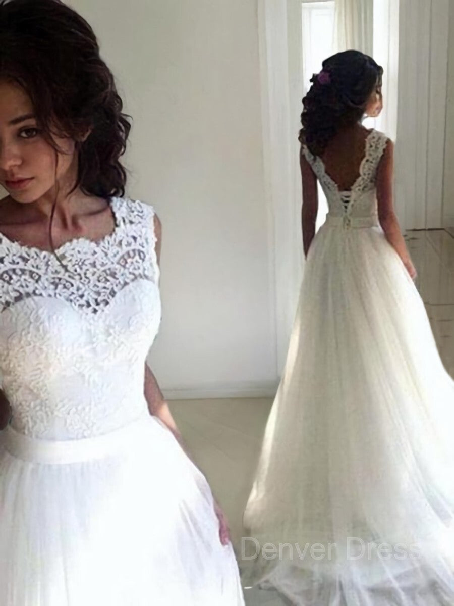 A-Line Bateau Sweep Train Tulle Wedding Dresses For Black girls With Sash