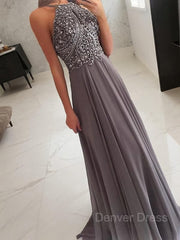 A-Line Halter Floor-Length Chiffon Prom Dresses For Black girls With Beading