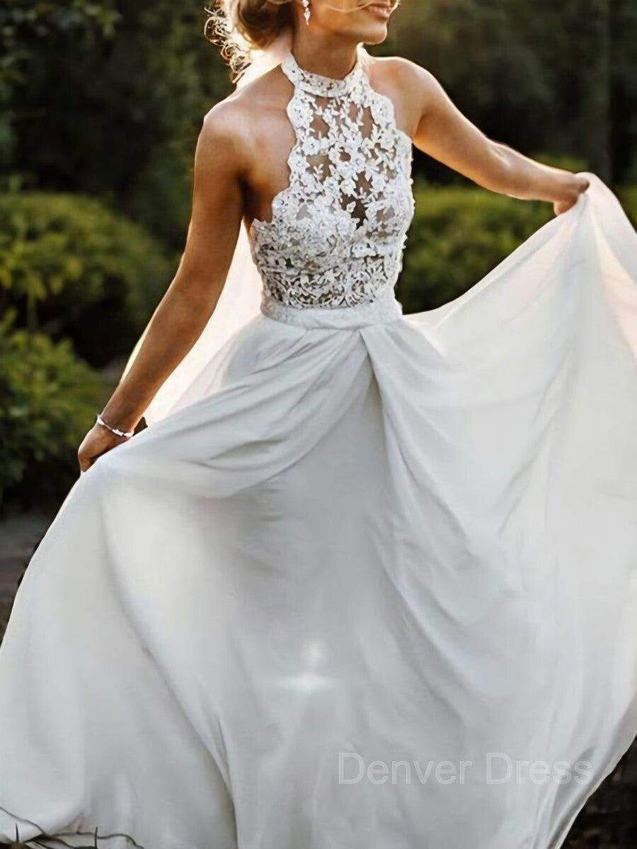 A-Line Halter Floor-Length Chiffon Wedding Dresses For Black girls With Lace