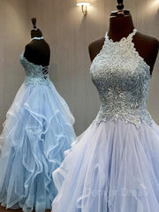 A-Line Halter Floor-Length Tulle Prom Dresses For Black girls With Appliques Lace