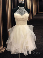A-Line Halter Short Organza Homecoming Dresses For Black girls With Beading