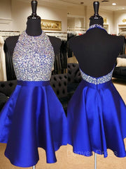A-Line Halter Short Satin Homecoming Dresses For Black girls With Beading