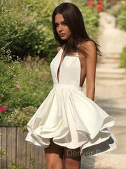 A-Line Halter Short Stretch Crepe Homecoming Dresses For Black girls With Cascading Ruffles