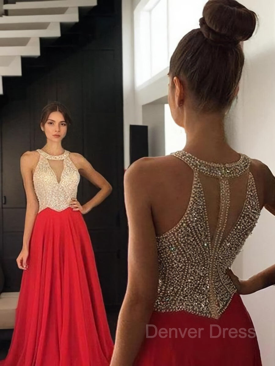 A-Line Halter Sweep Train Chiffon Evening Dresses For Black girls With Beading