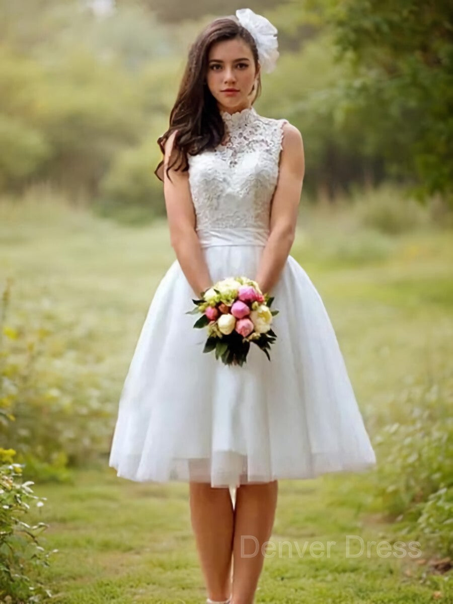 A-Line High Neck Knee-Length Tulle Wedding Dresses