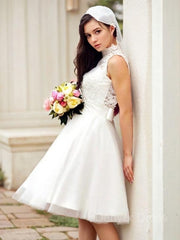A-Line High Neck Knee-Length Tulle Wedding Dresses