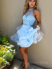 A-Line High Neck Short Tulle Homecoming Dresses