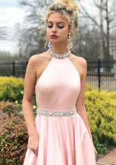A Line Princess High Neck Sleeveless Sweep Train Satin Prom Dress Outfits For Women With Waistband Beading