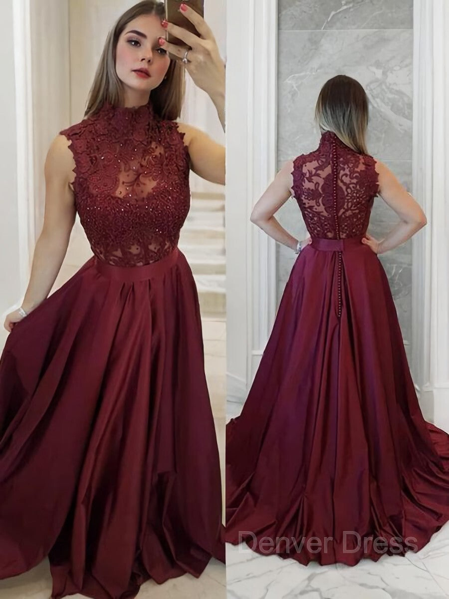 A-Line High Neck Sweep Train Satin Prom Dresses For Black girls With Appliques Lace
