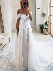 A-Line Off-the-Shoulder Cathedral Train Tulle Wedding Dresses For Black girls With Appliques Lace