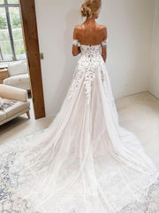 A-Line Off-the-Shoulder Cathedral Train Tulle Wedding Dresses For Black girls With Appliques Lace
