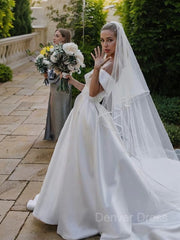 A-Line Off-the-Shoulder Cathedral Train Satin Wedding Dresses