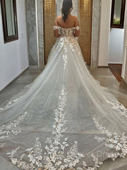 A-Line Off-the-Shoulder Chapel Train Tulle Wedding Dress Outfits For Women with Appliques Lace