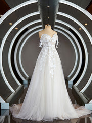 A-Line Off-the-Shoulder Chapel Train Tulle Wedding Dresses For Black girls with Appliques Lace