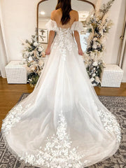 A-Line Off-the-Shoulder Chapel Train Tulle Wedding Dresses For Black girls With Appliques Lace