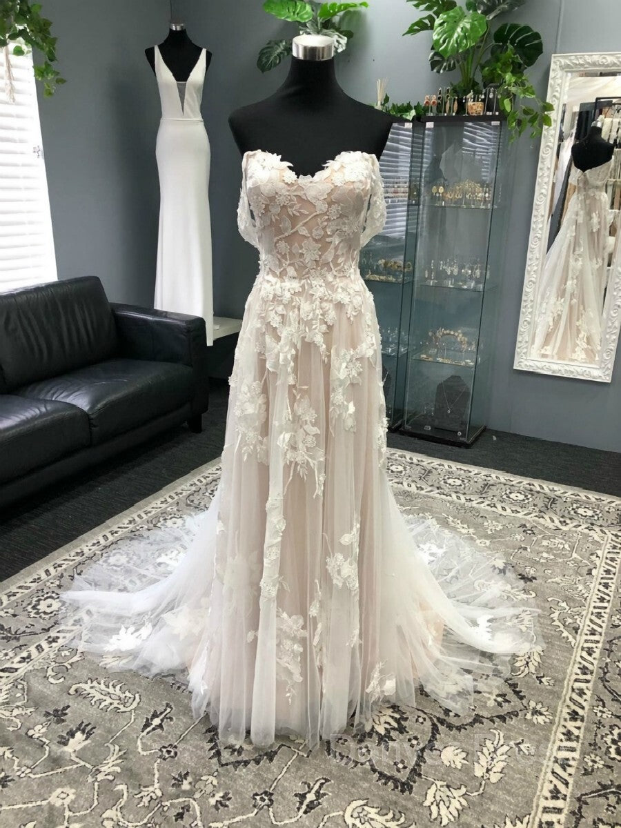 A-Line Off-the-Shoulder Court Train Tulle Wedding Dresses For Black girls With Appliques Lace