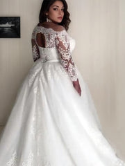 A-Line Off-the-Shoulder Court Train Tulle Wedding Dresses For Black girls With Sash