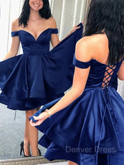 A-Line Off-the-Shoulder Short Satin Homecoming Dresses For Black girls With Cascading Ruffles