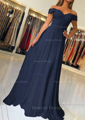 A Line Princess Off The Shoulder Short Sleeve Sweep Train Chiffon Prom Dress Outfits For Women With Beading Appliqued