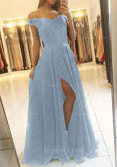 A Line Princess Off The Shoulder Sleeveless Long Floor Length Chiffon Prom Dress Outfits For Women With Beading Split