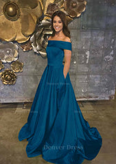 A Line Princess Off The Shoulder Sleeveless Sweep Train Satin Prom Dress Outfits For Women With Low Back