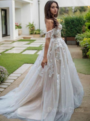 A-Line Off-the-Shoulder Sweep Train Lace Wedding Dresses