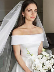 A-Line Off-the-Shoulder Sweep Train Satin Wedding Dresses