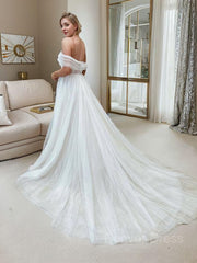 A-Line Off-the-Shoulder Sweep Train Tulle Wedding Dresses