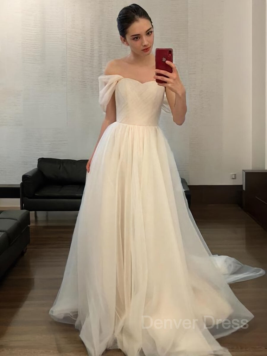 A-Line Off-the-Shoulder Sweep Train Tulle Wedding Dresses