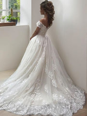 A-Line Off-the-Shoulder Sweep Train Tulle Wedding Dresses For Black girls With Appliques Lace