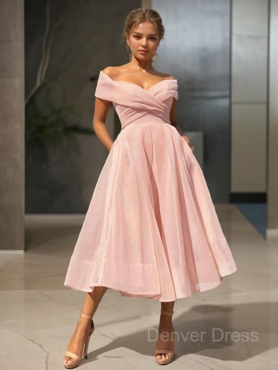 A-Line Off-the-Shoulder Tea-Length Homecoming Dresses