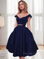 A-Line Off-the-Shoulder Tea-Length Satin Homecoming Dresses