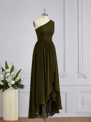 A-Line One-Shoulder Asymmetrical Chiffon Bridesmaid Dresses For Black girls with Pleated