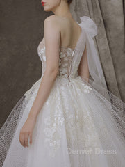 A-Line One-Shoulder Asymmetrical Tulle Wedding Dresses For Black girls With Appliques Lace