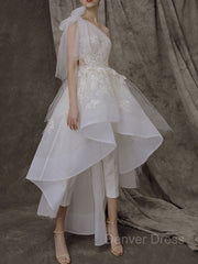 A-Line One-Shoulder Asymmetrical Tulle Wedding Dresses For Black girls With Appliques Lace