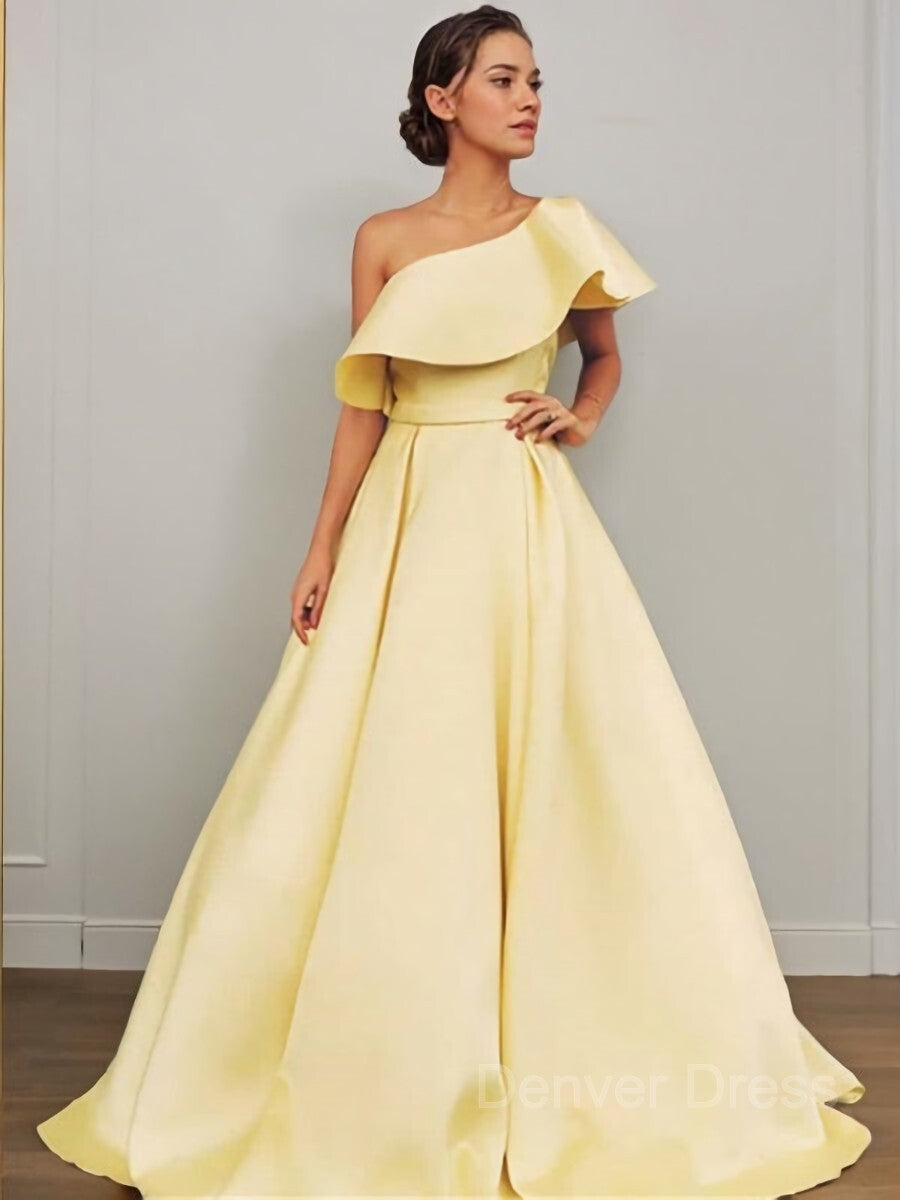 A-Line One-Shoulder Floor-Length Satin Prom Dresses For Black girls With Ruffles