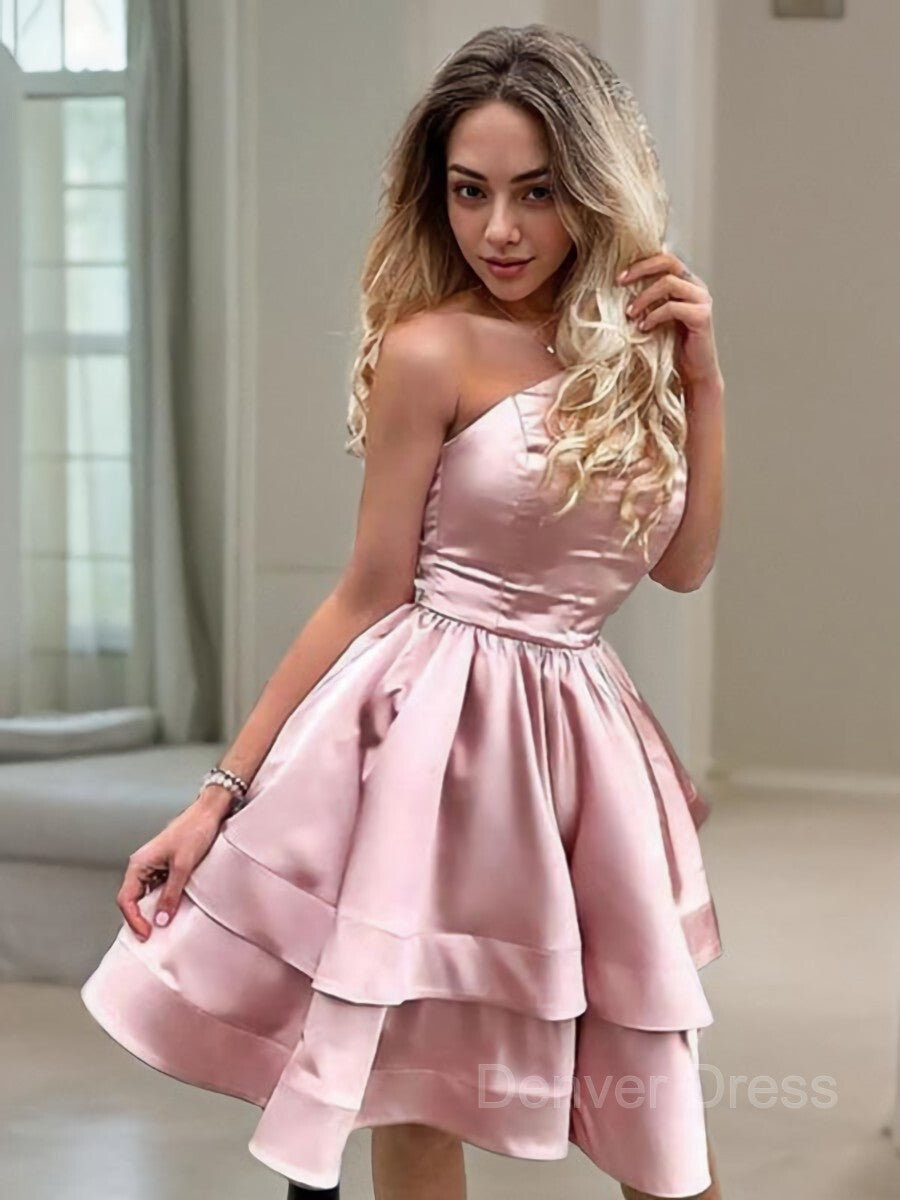 A-Line One-Shoulder Short Charmeuse Homecoming Dresses For Black girls With Ruffles